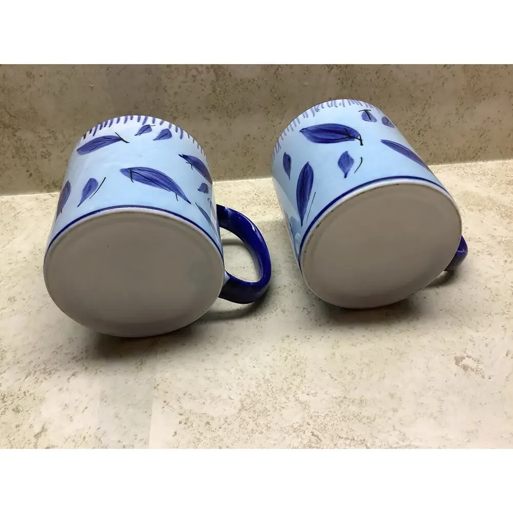 Blue and White Pottery Mug/ Hand Painted Set of 2 - Blue Floral & Leaves Mugs